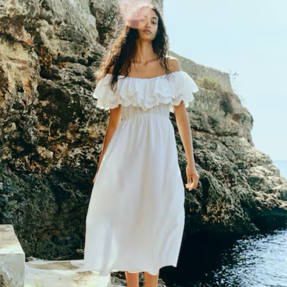 H&M White Off-the-Shoulder Flutter Sleeve Maxi Dress